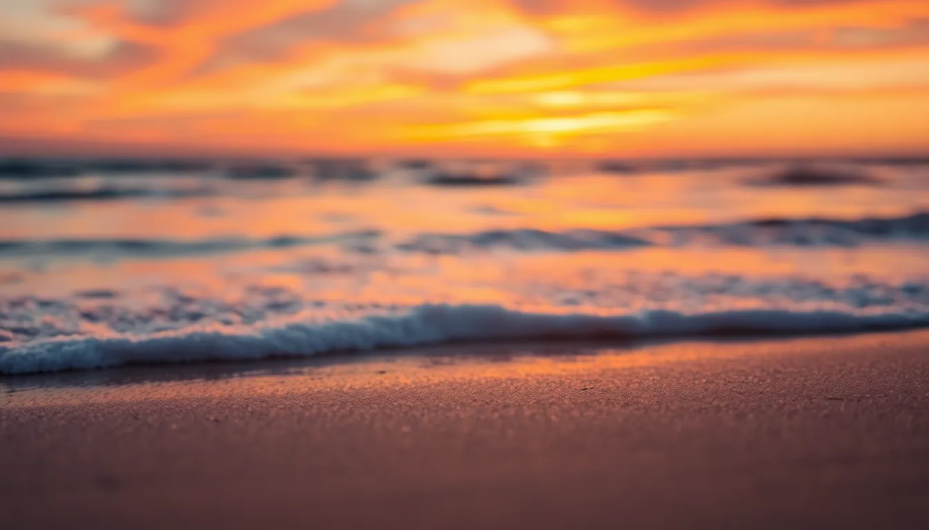 This image captures a breathtaking sunset over a sandy beach, with vibrant colors reflecting in the gentle waves. The golden hour lighting enhances the warm tones, creating a tranquil and inviting ambiance. With a selective focus on the water's surface, the soft painterly bokeh in the background adds depth to the composition. Perfect for digital backgrounds, this artwork evokes feelings of peace and serenity, ideal for relaxation and inspiration.