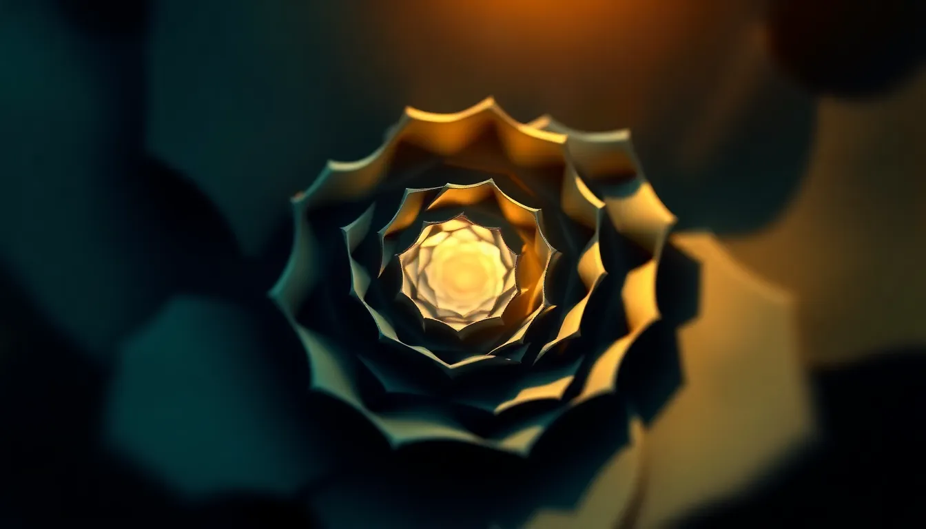 Featuring an intricate spiral abstract design, this image captivates the viewer with its vibrant colors and unique geometry. Shot with a telephoto lens, the selective focus highlights the structure, while the surrounding area melts into soft painterly bokeh. Deep blues and rich greens inspired by Fujifilm Velvia create a striking atmosphere. This digital background is perfect for presentations seeking a touch of creativity and depth.