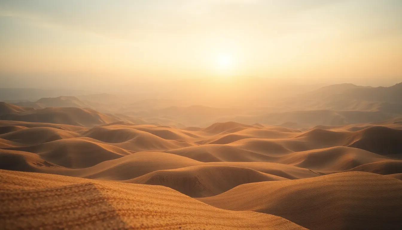 This stunning digital background presents a surreal landscape of layered geometric patterns, merging into a beautifully lit horizon. Bathed in soft, diffused daylight, the scene radiates tranquility, showcasing a harmonious blend of desaturated earth tones. The meticulous detail and sharpness from foreground to background allow viewers to immerse themselves fully in this dreamlike world of abstract designs.