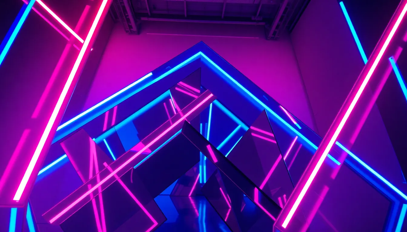This bold digital abstract background pulsates with energetic neon colors, primarily electric blue and deep magenta. Geometric shapes interact dynamically, creating a sense of movement and depth. The high contrast brought by the neon lighting adds drama, making it perfect for modern digital designs or energetic presentations.