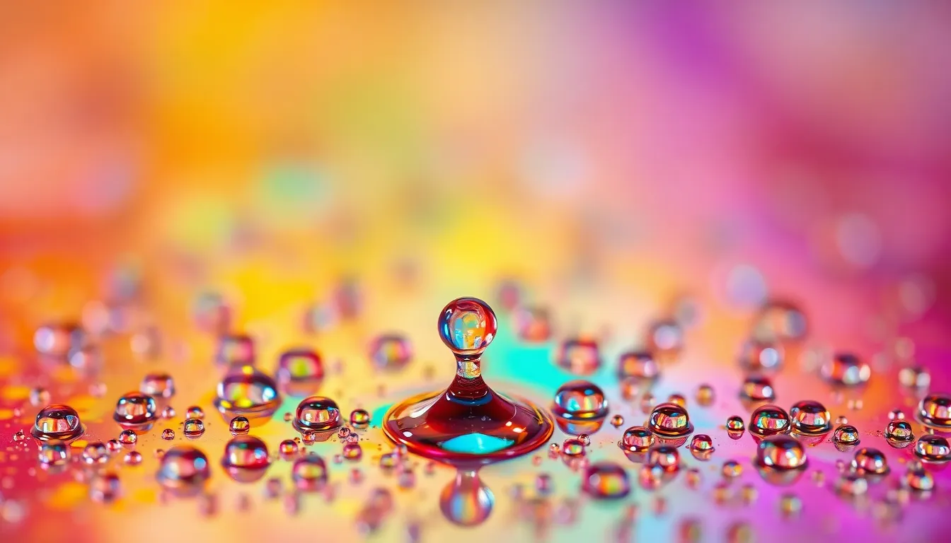 Colorful Water Droplets on Vibrant Surface This captivating digital background features close-up water droplets on a colorful surface, creating a mesmerizing abstract image. The vibrant spectrum of colors is enhanced by reflections that dance across the droplets, showcasing their crystal clarity. With a dynamic shallow depth of field, the focus remains on the droplets while the surrounding hues blend softly. Ideal for creative projects, this image evokes a sense of wonder and beauty.