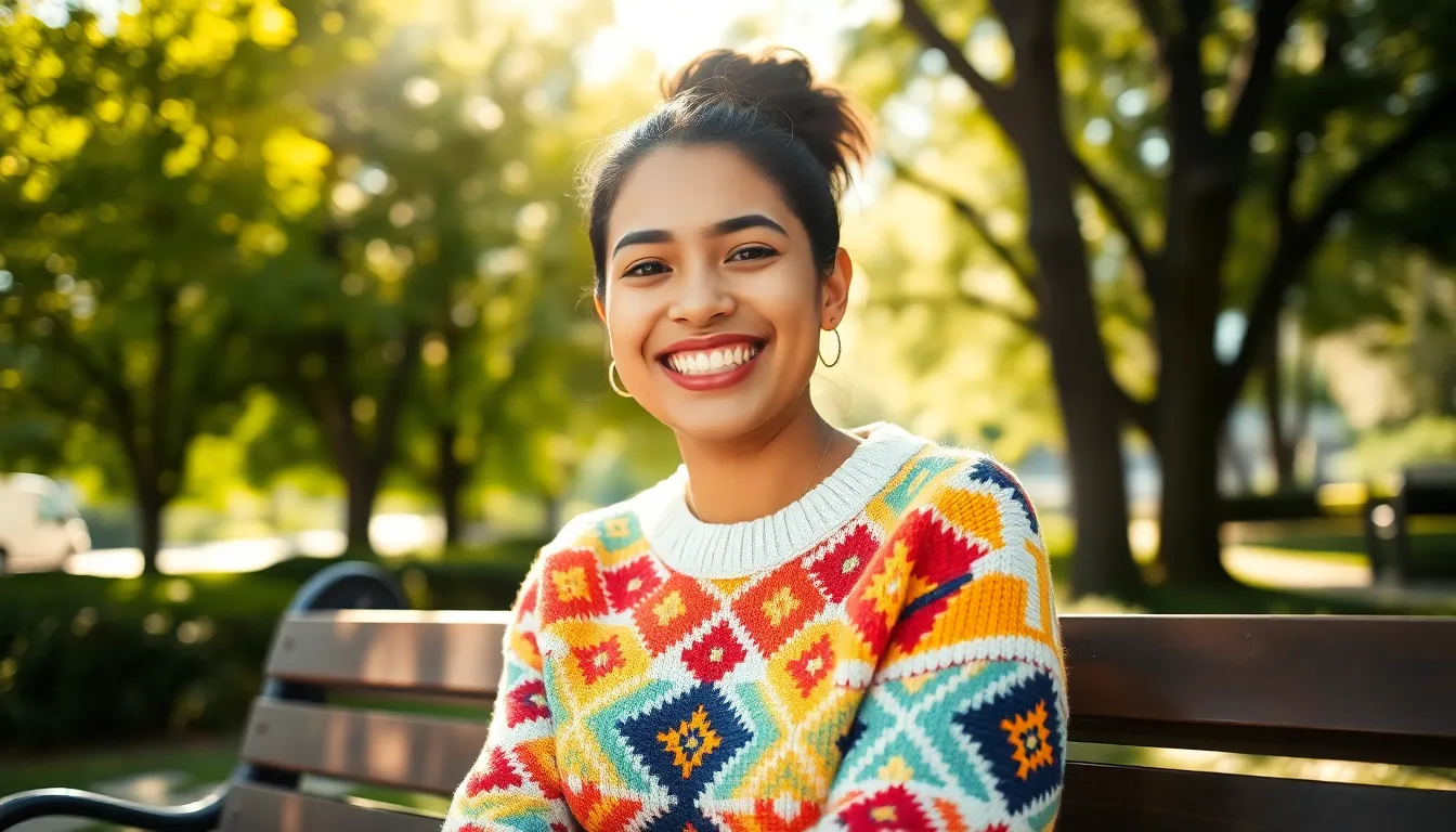 In this vibrant image, a cheerful young Latina woman sits on a park bench in a lively colorful patterned sweater. Dappled sunlight filters through the leaves above, casting playful shadows and highlighting her joyous expression. The shallow depth of field softens the dynamic background, emphasizing her warm presence. The composition features leading lines that guide the viewer's gaze to her engaging smile, enhancing the overall lively atmosphere.