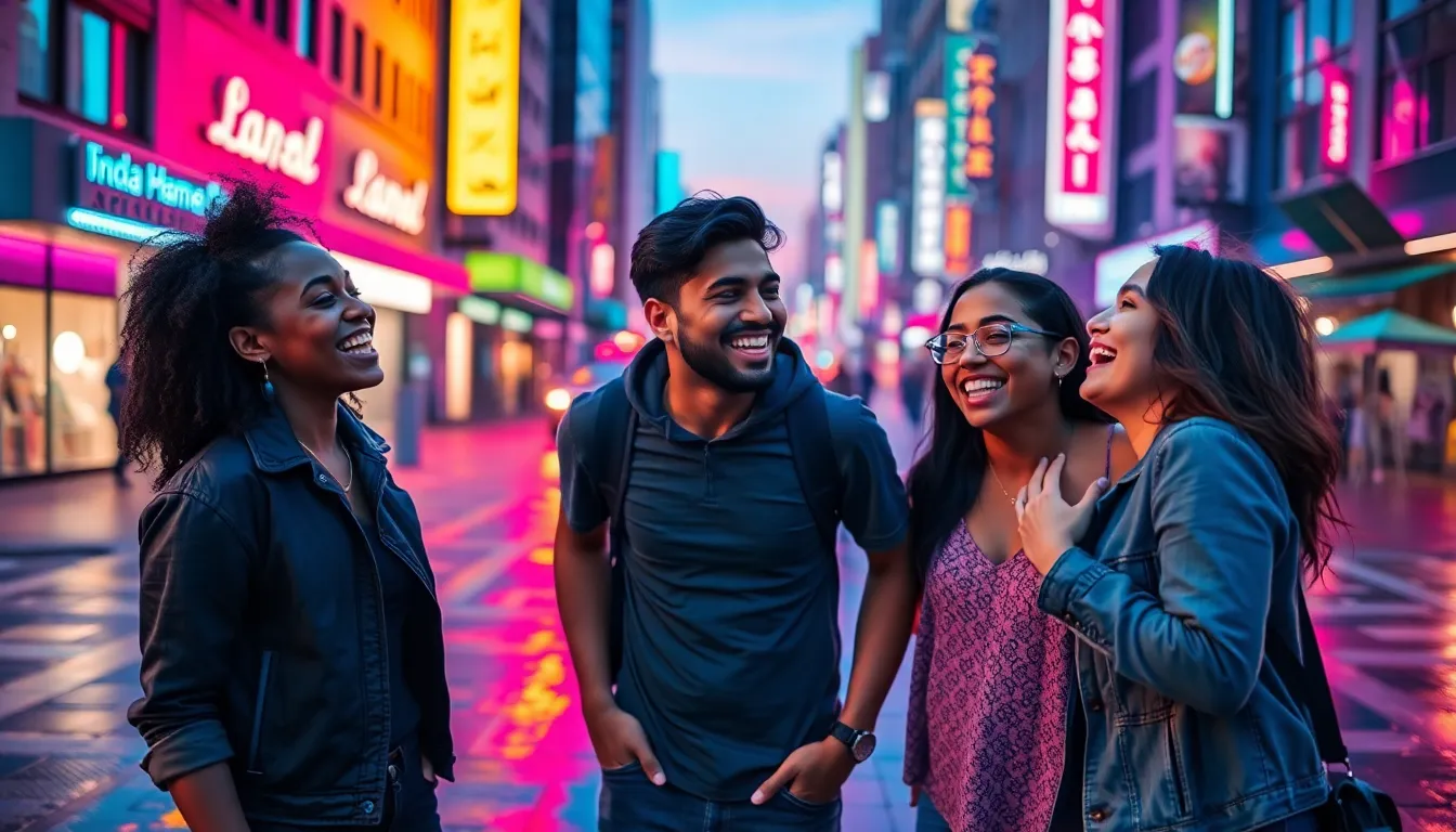 This dynamic image captures a diverse group of young friends, including a Black woman, a South Asian man, and a Hispanic woman, joyfully interacting in an urban environment. Illuminated by vibrant neon lights reflecting on wet pavement, the twilight scene is filled with energy and warmth. Their playful expressions are sharply focused, creating an inviting atmosphere of friendship. The rich color palette adds depth to the lively mood, while the composition emphasizes their strong connection against the city backdrop.