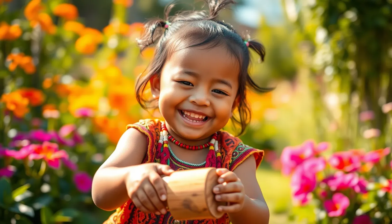 This charming image depicts an Indigenous child joyfully playing with a wooden toy in a blossoming garden. The warm afternoon sunlight enhances the natural colors around them, creating a vibrant, joyful atmosphere. The focus on the child's expression captures an innocent curiosity and happiness, beautifully framed by the colorful flowers and foliage.