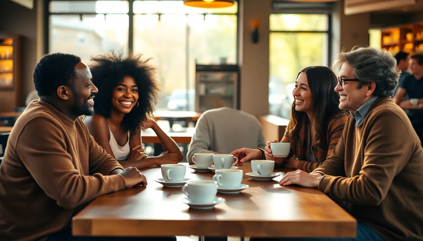 This image features a group of four diverse friends joyfully sharing coffee at a cafe. The warm afternoon sunlight creates a cozy atmosphere that enhances their laughter and connection. With a focus on natural colors, the scene captures the essence of friendship in a relaxed setting. Leading lines draw attention to their expressive faces, making this image engaging and relatable.