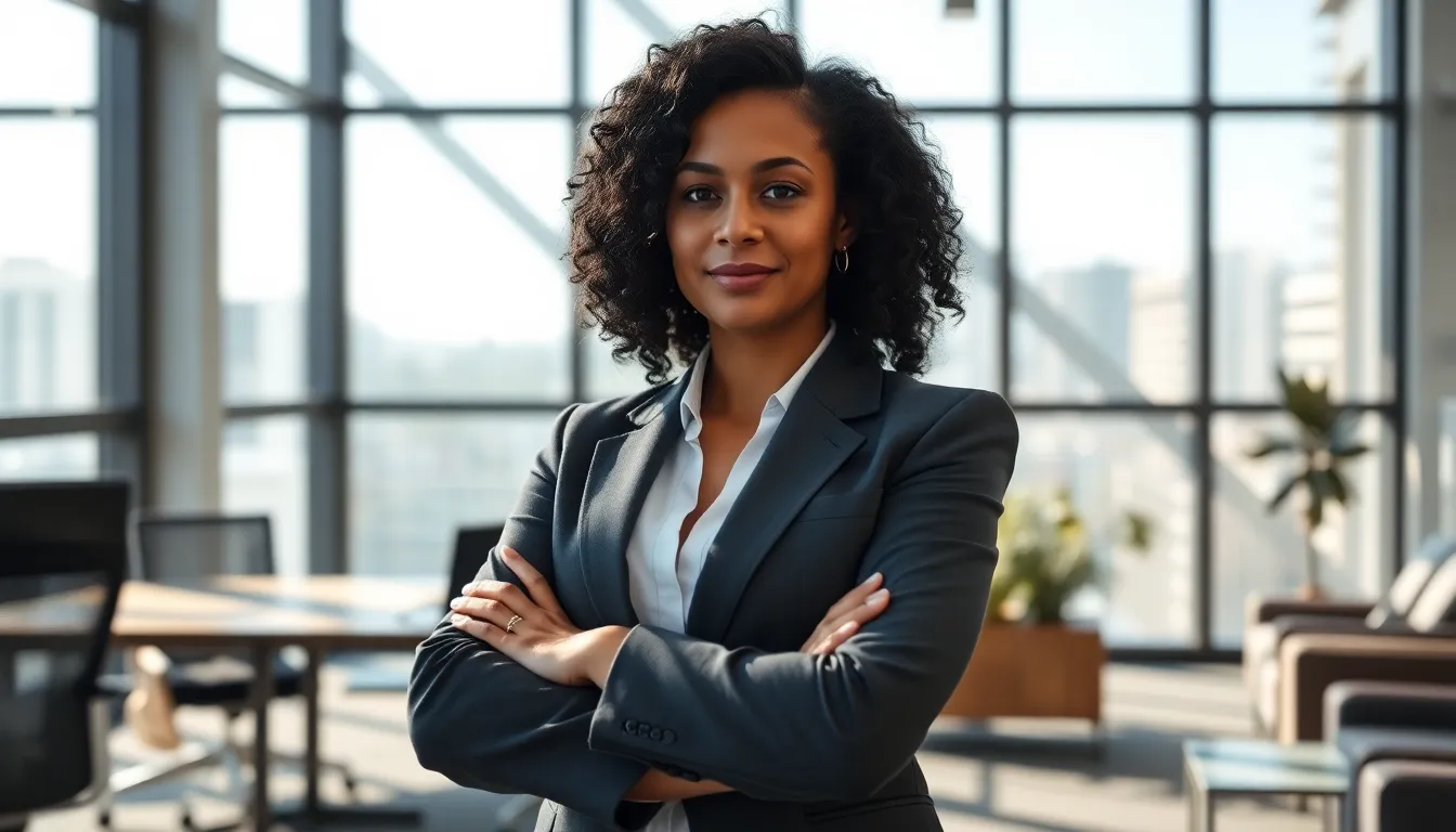 In this dynamic image, a Hispanic woman stands confidently in a sleek modern office, dressed in professional business attire. Natural light floods the space, creating soft shadows that highlight her assertive posture. The composition showcases diagonal lines from the office environment, drawing attention to her poised stance. With a muted color palette accentuated by her colorful outfit, the photograph conveys professionalism and determination.