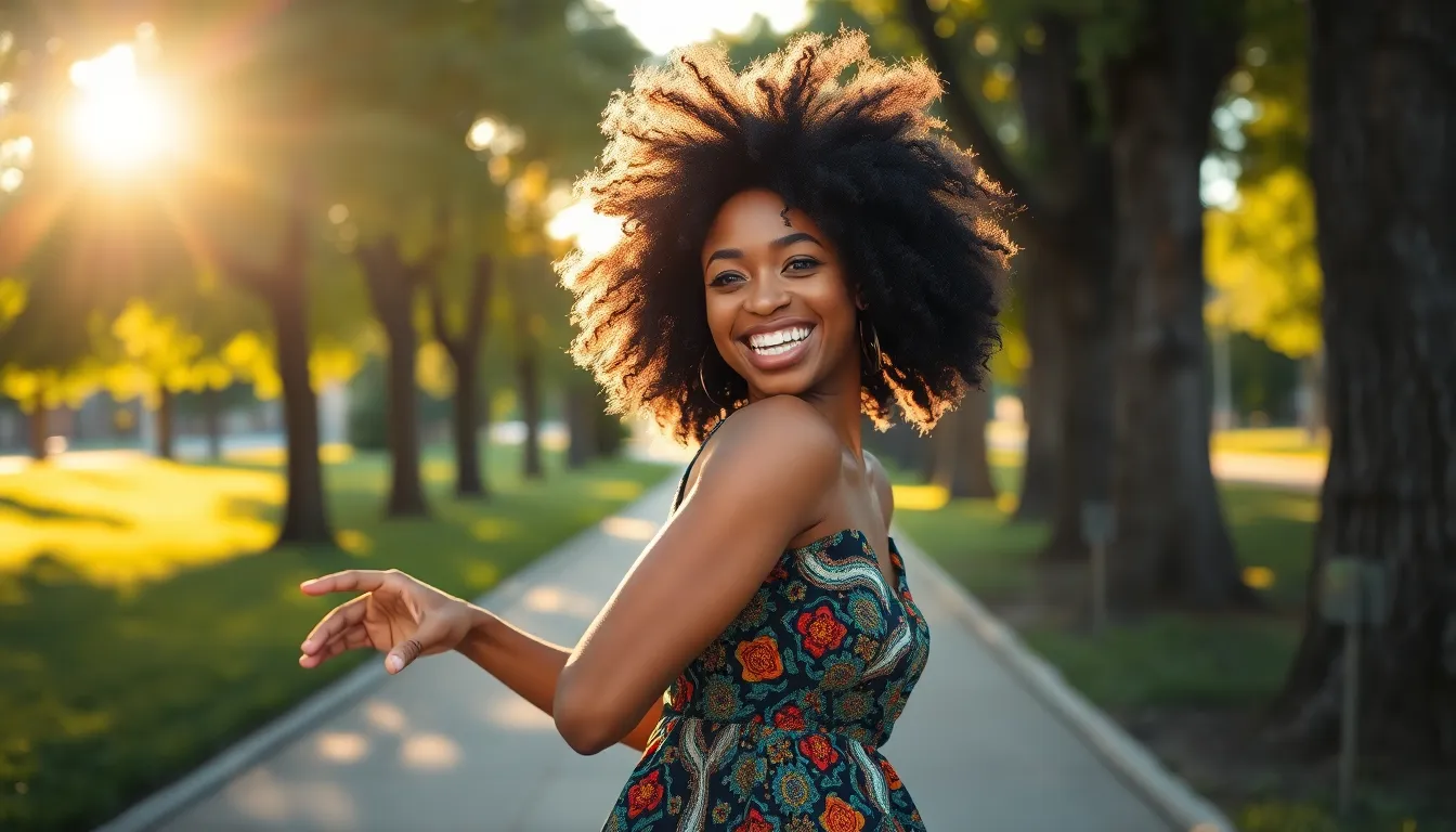 This vibrant image captures an African American woman dancing joyfully in a sunlit urban park. The warm golden hour light highlights her natural beauty and colorful patterned dress, creating a cheerful and uplifting mood. Surrounded by lush greenery, the scene combines dynamic composition with rich textures, from the softness of her clothing to the rugged bark of nearby trees.