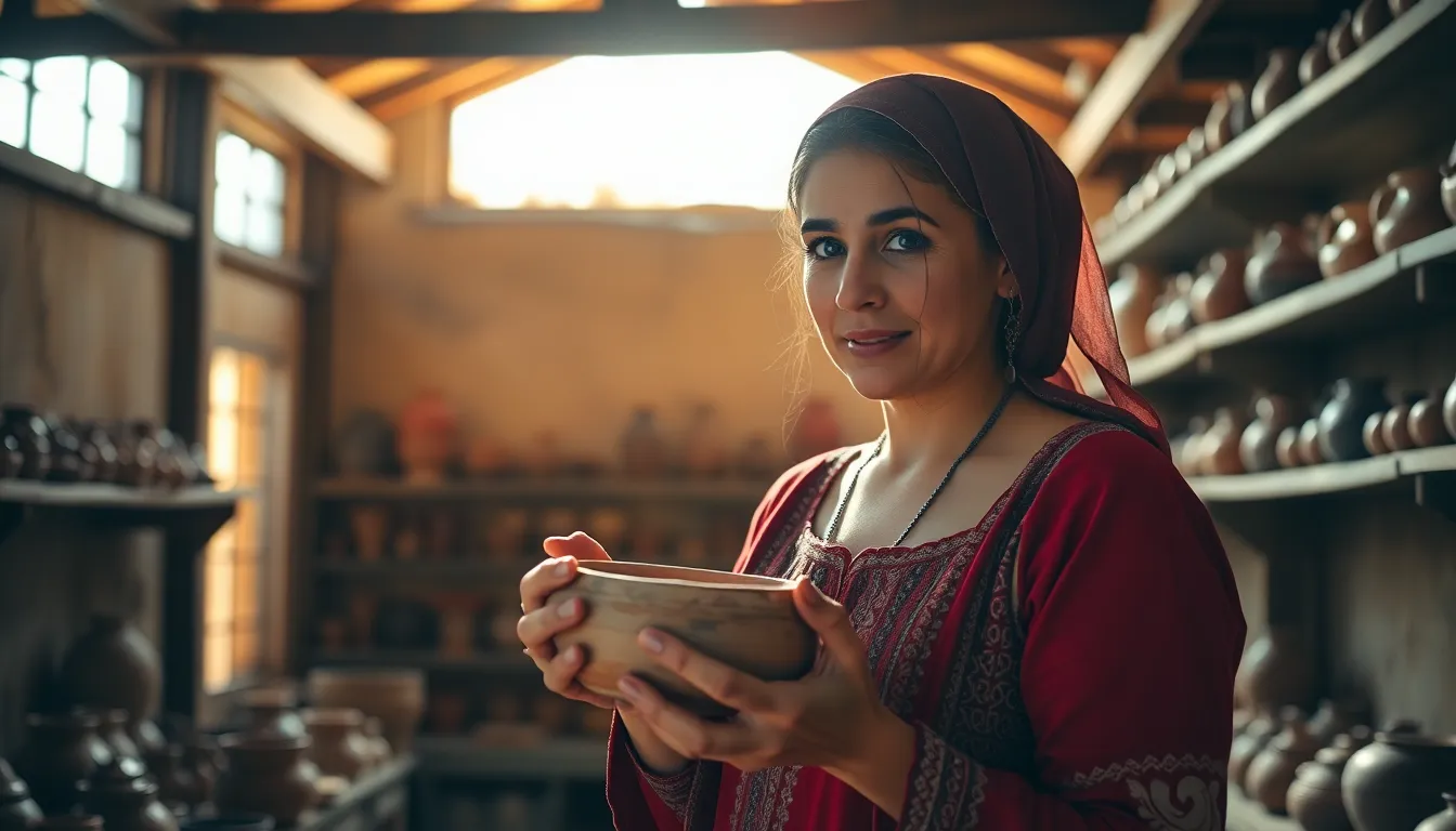This intimate image features a Middle-Eastern woman in traditional dress, focused on her craft as she holds a handmade pottery piece in an artisan workshop. The warm sunlight pours through wooden beams, creating a captivating interplay of light and shadow across the room. Rich earth tones fill the scene, amplifying the warmth and inviting atmosphere. The shallow depth of field draws attention to her expression and the beautiful textures of the pottery, showcasing her artistic dedication.
