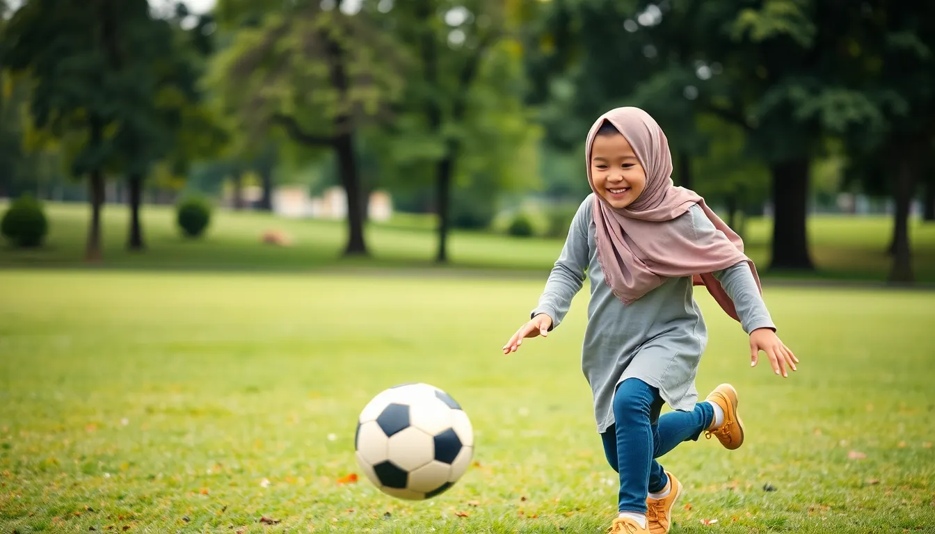 This dynamic image celebrates a Muslim girl in a hijab as she joyfully plays soccer in a vibrant park. The overcast afternoon sky offers soft, diffused lighting, resulting in a gentle mood. With a shallow depth of field, her excited expression and the soccer ball stand in crisp focus, while the lush greenery of the park creates a lively backdrop. The composition and leading lines draw the viewer’s eye, encapsulating the joy of youth and diversity in sports.