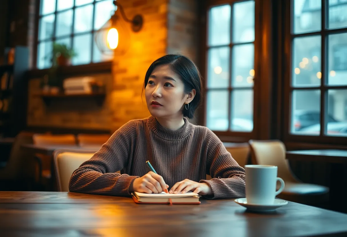 This intimate image captures an Asian woman reflecting in a cozy coffee shop, surrounded by warm wood textures and inviting ambient light. Focusing on her concentration as she writes, the warm color palette adds to the scene's calm atmosphere. The composition beautifully balances her presence with the rustic details of the environment, making it a perfect representation of quiet contemplation.