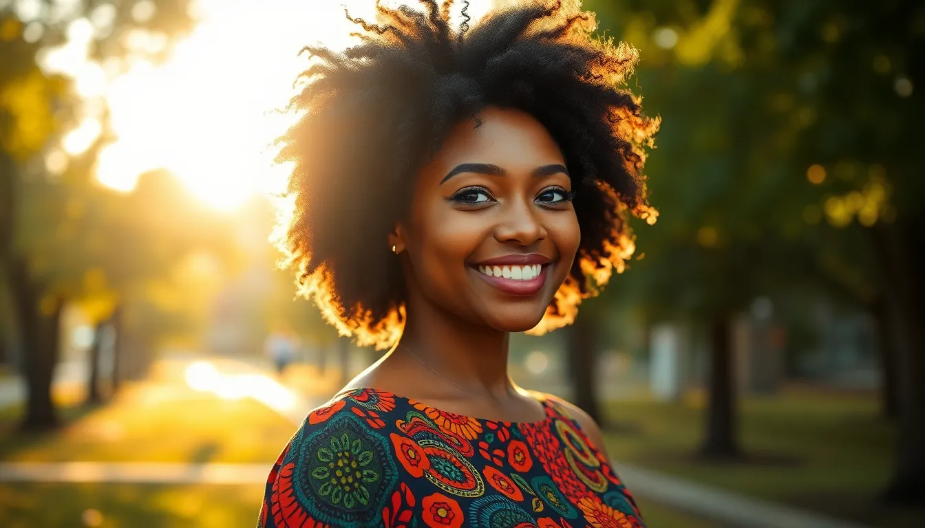 This image captures a young Black woman radiating confidence in an urban park at golden hour. Dressed in a vibrant, patterned dress, she stands with a warm, inviting smile. The soft rim light from the setting sun creates a beautiful glow that highlights her natural features and the intricate details of her attire. The surrounding greenery and dappled sunlight enhance the serene and empowering mood of the photograph.