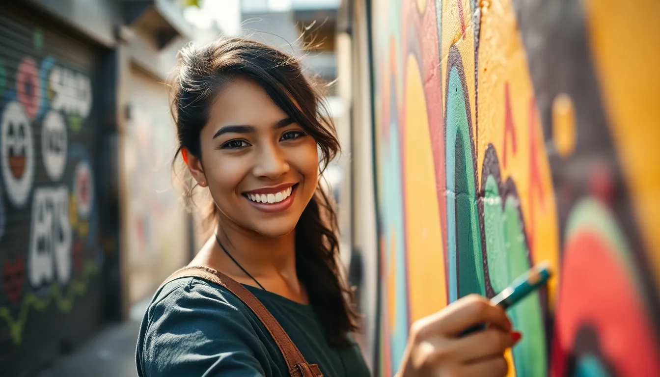 This vivid image captures a young Latina woman joyfully painting a mural in an urban alley. The afternoon sunlight accentuates the vibrant colors of her artwork and casts dynamic shadows across the scene. With a shallow depth of field, her expressive smile and the intricate mural details are in sharp focus, while the background fades softly. The composition celebrates community art and creativity, emphasizing cultural diversity in urban settings.