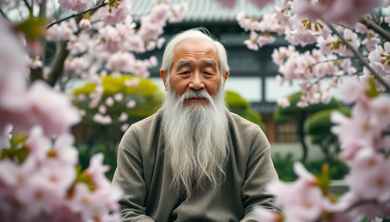 This photograph features an elderly Asian man with a long white beard sitting in a picturesque traditional Japanese garden, surrounded by blooming cherry blossoms. The soft overcast lighting creates a tranquil atmosphere, enhancing the pastel colors of the flowers. His peaceful expression conveys wisdom, while the shallow depth of field draws the viewer’s focus to him against the beautiful floral backdrop, adding depth and serenity to the image.