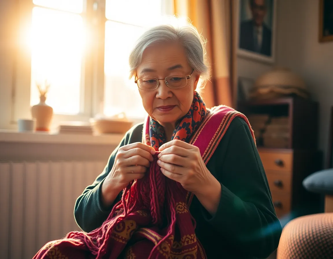 This intimate scene captures an elderly Asian woman knitting a colorful scarf in her sunlit room. The warm golden hour light creates a serene atmosphere, highlighting her gentle expression and the vibrant yarn. With a soft-focused background, the detailed textures of her knitting work stand out, inviting viewers into a moment of creativity and tranquility. The centered composition emphasizes the harmony and peace of her craft.