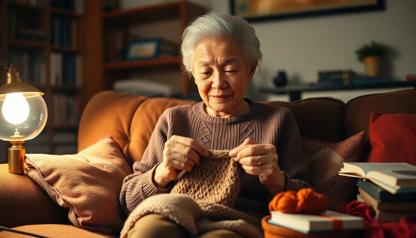 This intimate image depicts an elderly Asian woman engrossed in knitting on a cozy sofa in her warmly lit living room. Soft lighting from a nearby lamp creates gentle shadows, enhancing the warm and inviting atmosphere. A shallow depth of field brings her hands and knitting into focus, while the surrounding homey details softly blur. The rich earthy tones in the scene add to the comfort and warmth of domestic life, celebrating the diversity of age and hobbies.