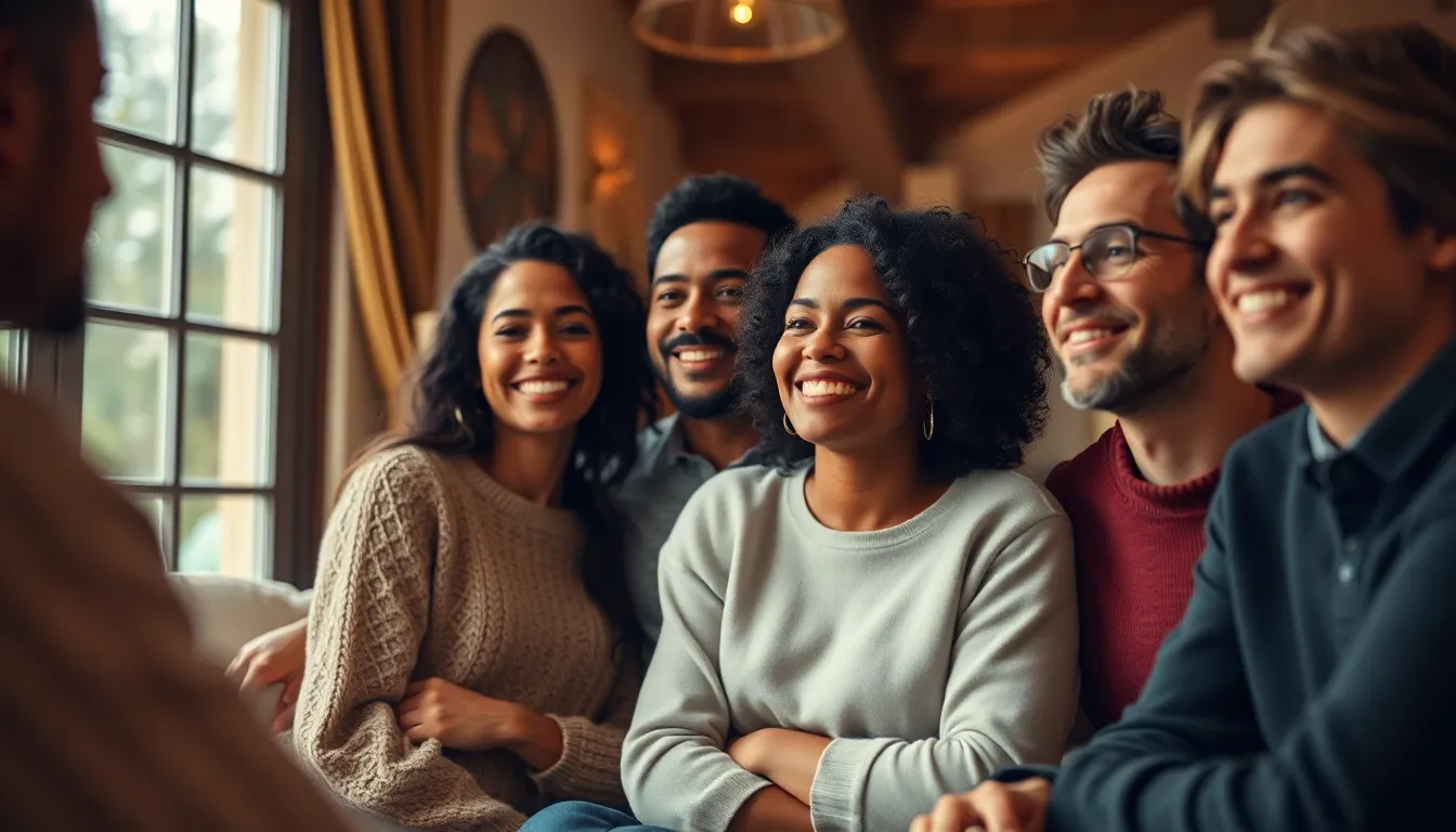 A warm and inviting scene featuring a diverse group of friends gathered indoors, sharing laughter and stories. Soft daylight filters through large windows, casting a gentle glow on their faces. The group consists of three individuals, representing different ethnic backgrounds, dressed in cozy, textured clothing that enhances the intimate atmosphere. The composition thoughtfully highlights their joyful expressions, creating a rich and relatable moment that radiates inclusivity and friendship.