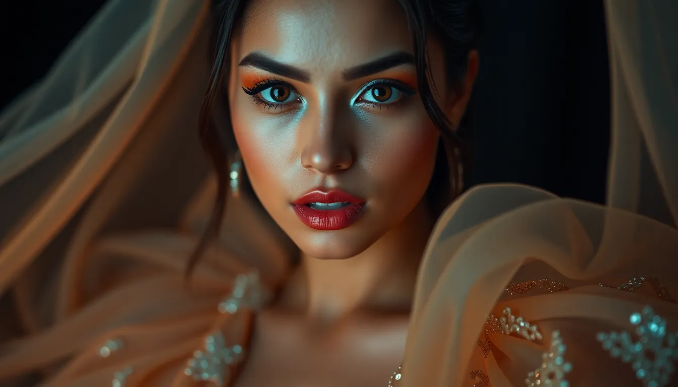 This compelling portrait of a Latinx transgender woman captures her expressive eyes and unique style, illuminated by soft butterfly lighting in a studio setting. The striking teal and orange color grading adds drama to the image, while the shallow depth of field keeps the viewer's attention on her captivating features. Her flowing dress showcases intricate details, creating a powerful representation of beauty and diversity.