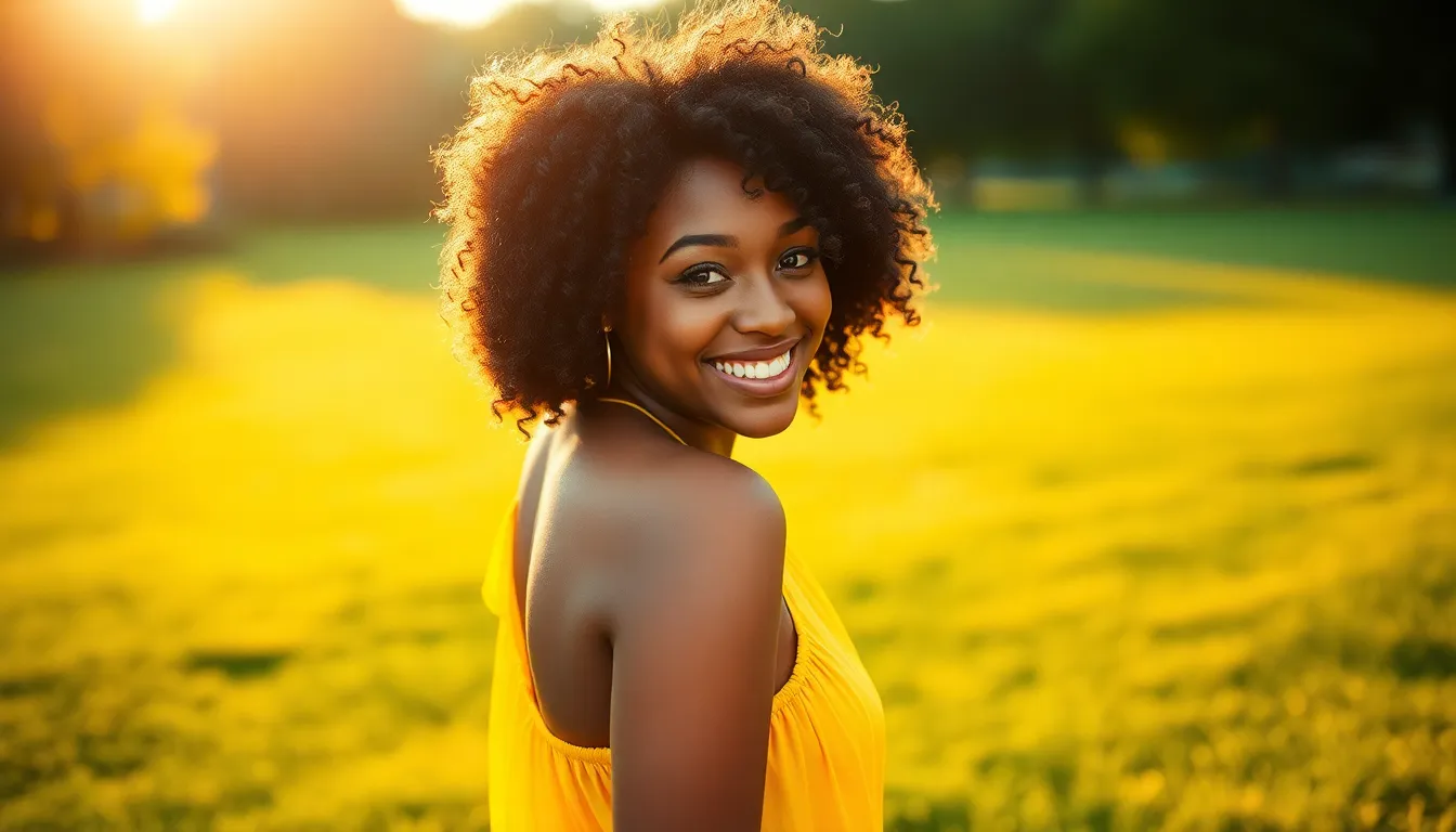 This vibrant image features a joyful Black woman in a flowing yellow sundress, captured during golden hour. The warm backlighting creates a glowing rim around her natural curls, highlighting her cheerful expression. The soft green park background enhances the warmth of her skin tone, creating a feeling of happiness and tranquility. The composition follows the rule of thirds, adding an artistic touch to this lively scene.
