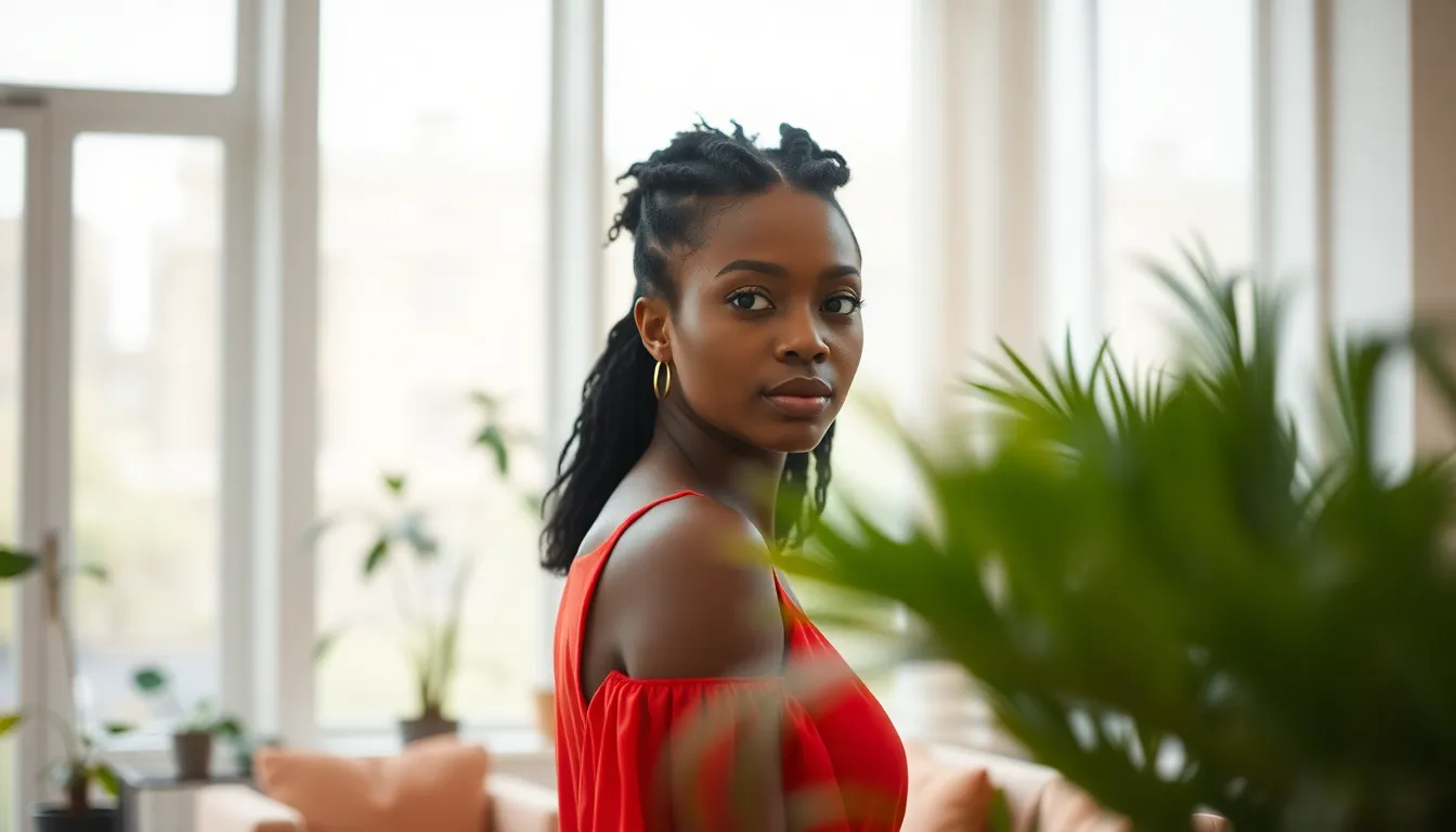 A young Black woman poses gracefully in a flowing red dress, illuminated by soft, diffused daylight filtering through large windows. The warm tones contrast beautifully with the lush greenery behind her, creating a serene and inviting atmosphere. The composition captures her natural beauty, emphasizing her features with a gentle bokeh effect in the background.