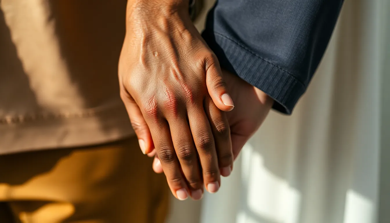 This intimate image showcases the hands of a mixed-race couple, gently entwined, symbolizing love and unity. Soft and diffused natural daylight highlights the textures and nuances of their skin tones, creating a soft, inviting mood. With a shallow depth of field emphasizing their connection, the subtle bokeh draws the viewer’s focus to this tender moment of shared intimacy, making it a beautiful representation of diverse relationships.