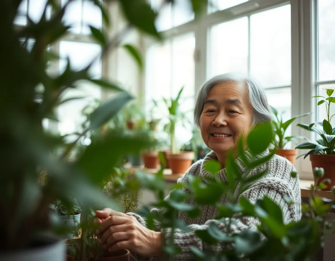 An elderly Asian woman is captured in her element, tending to her cherished indoor garden filled with a variety of potted plants. The soft, diffused daylight streaming through large windows beautifully illuminates her features, showcasing her serene smile and the intricate details of her cozy knitted sweater. With the rich textures of the plants as a backdrop, the image conveys a sense of peace and connection to nature, highlighting the beauty of aging and the joy of nurturing living things.