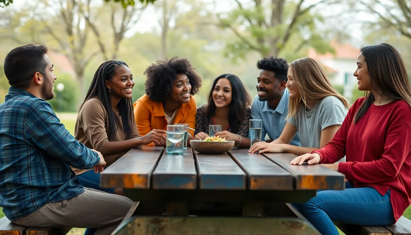 This vibrant image captures a diverse group of young adults animatedly discussing ideas around a picnic table. Each individual brings their unique style and personality, beautifully showcased under the soft light of an overcast day. The dynamic interactions and expressions create an engaging scene that emphasizes the richness of cultural diversity and collaboration. The balanced composition invites the viewer to feel part of the lively conversation.