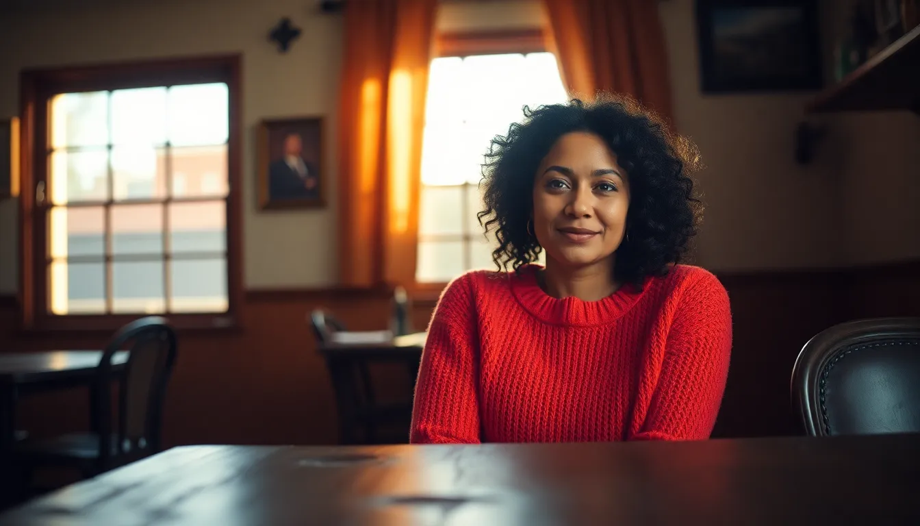 A confident Latina woman is seated elegantly on a contemporary chair, dressed in a vibrant red blouse that pops against the soft, neutral background. Her thoughtful expression invites viewers to connect with her story, while the rich colors and natural textures of her skin create an intimate atmosphere. The overcast daylight provides a soft, natural light that enhances the details of her features, making this portrait a striking representation of confidence and beauty.