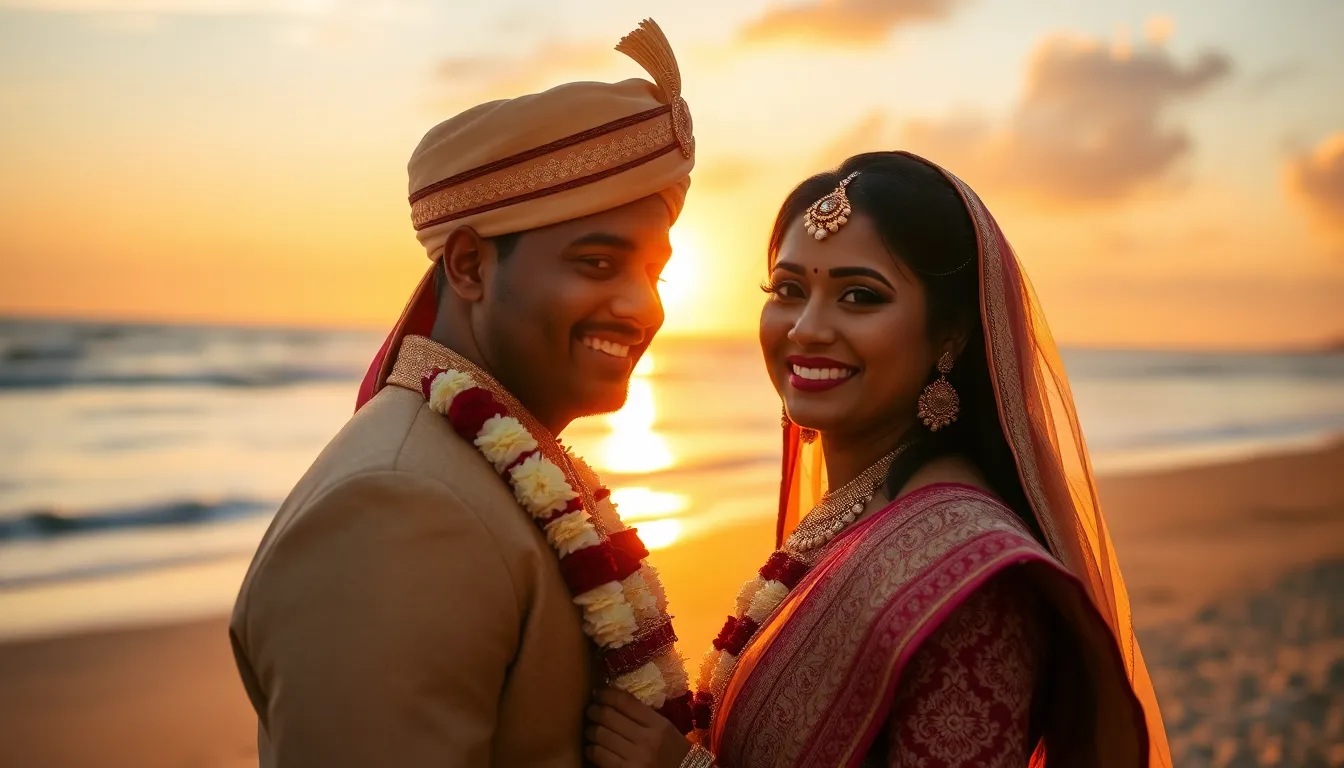 This stunning image depicts a joyful South Asian couple in traditional attire during a sunset beach ceremony. Bathed in warm golden hour light, their vibrant garments stand out against the soft pastels of the ocean backdrop. With emotional expressions and a beautifully composed scene, the image captures the romance and celebration of their special moment, inviting viewers to share in their happiness.