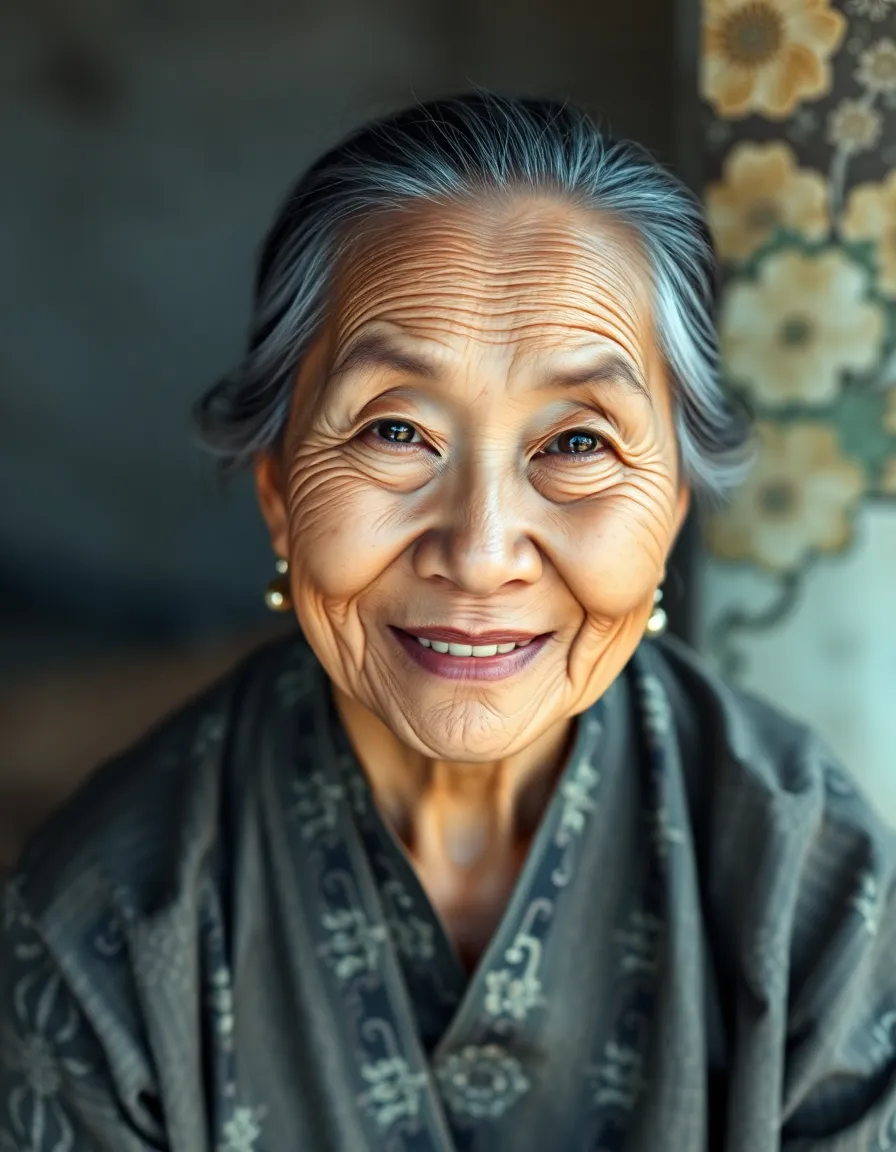 An intimate portrait of an elderly Asian woman dressed in a traditional outfit, radiating warmth and wisdom. Captured in soft, diffused daylight, her natural skin textures and gentle wrinkles are beautifully highlighted, emphasizing her life's journey. The muted color palette harmonizes with the intricate patterns of her clothing, creating a rich tapestry of culture and heritage. This is a heartfelt portrayal of respect for age and tradition, inviting viewers to connect with her story.