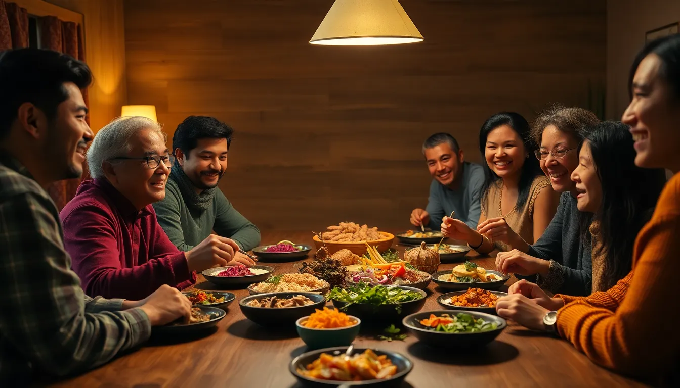 This heartwarming scene captures a diverse group of friends from various ethnic backgrounds gathered around a wooden table laden with an array of cuisines. The warm tungsten lighting creates an inviting atmosphere as their laughter and joyful expressions fill the frame. The richly textured food adds vibrancy to the composition, while muted earthy tones unify the image. The strategic placement of subjects in the rule of thirds enhances the sense of community and shared experience, reflecting the beauty of diversity.