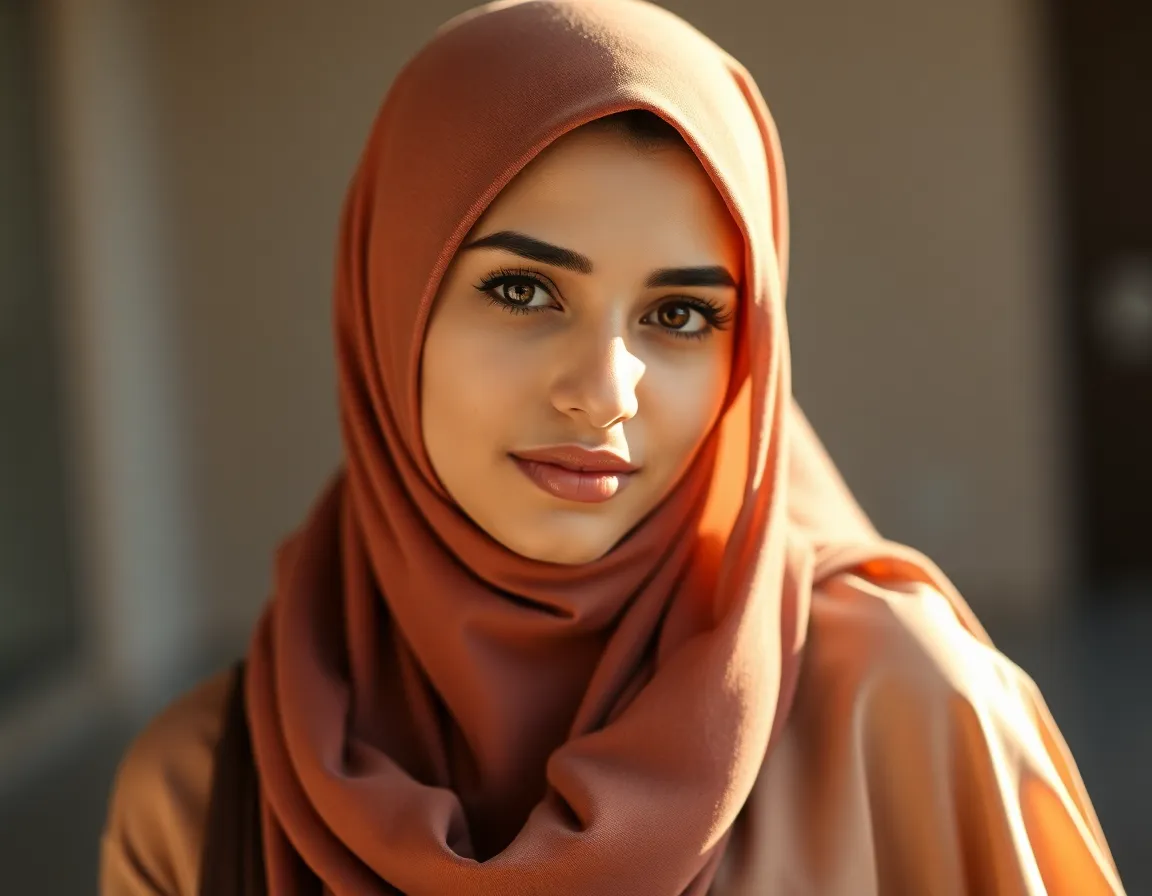 A young Middle-Eastern woman exudes elegance in soft morning light, wearing a chic blouse and a stylish headscarf. The delicate shadows created by Rembrandt lighting enhance her striking features, while the muted background adds depth. Centered in the composition, she embodies grace and strength, making the image feel both intimate and empowering.