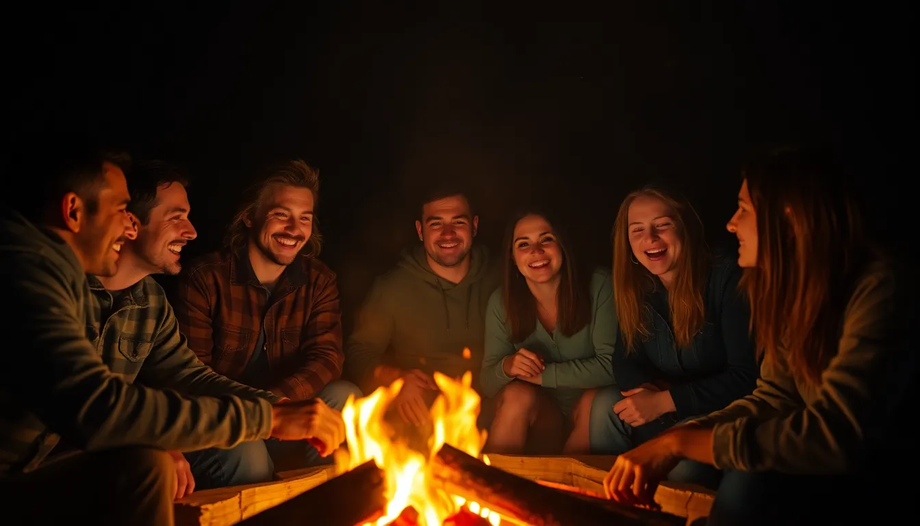 This captivating scene shows a diverse group of friends gathered around a crackling bonfire under a starlit sky. The warm firelight casts flickering shadows across their faces, enhancing the camaraderie as they share laughter and stories. Captured in a dynamic Dutch angle, the composition conveys energy and joy, while the teal and orange color grading adds a cinematic feel. The soft bokeh in the background ensures the focus remains on the group, celebrating friendship and diversity.