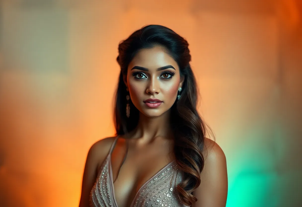 This sophisticated image showcases a South Asian woman elegantly dressed in a shimmering gown. The three-point lighting setup adds depth, creating exquisite details in her attire while separating her from a softly lit background. The shallow depth of field emphasizes her confident gaze, inviting the viewer into her world of elegance. The cinematic teal and orange color grading enhances the regal feel of the portrait, making it a striking representation of diverse beauty.