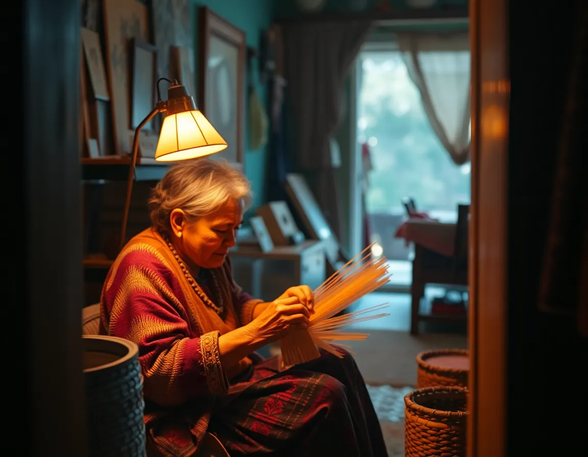 Elderly Indigenous Woman Weaving Basket