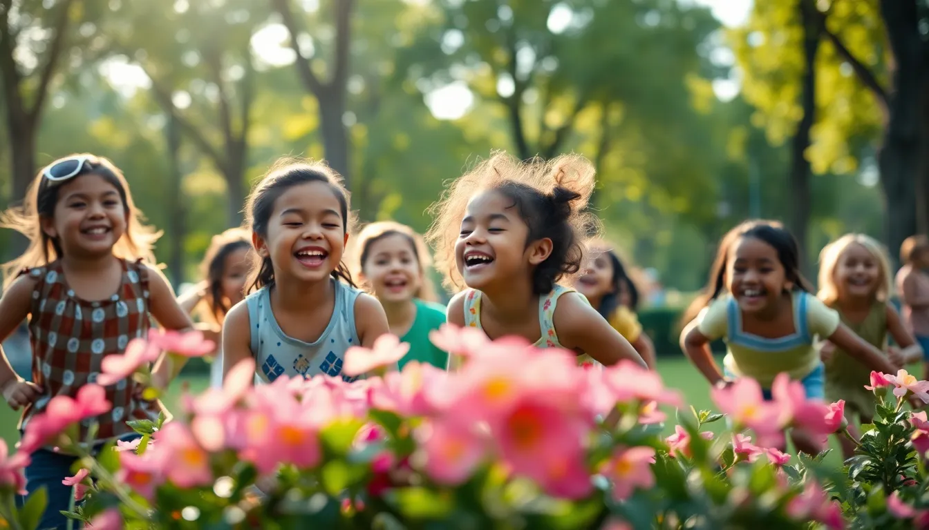 A joyful scene of diverse children playing in a vibrant urban park during the soft light of early morning. The image captures their laughter and energy as they engage in playful activities amidst blooming flowers. With a shallow depth of field, the foreground bokeh enhances the focus on the children's expressions, filled with happiness and curiosity. The bright color palette, featuring vivid greens and warm hues, celebrates the innocence of childhood and the beauty of diversity.
