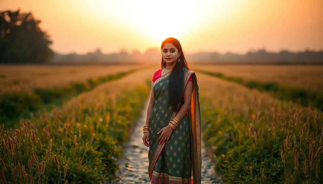A young South Asian woman stands confidently in a picturesque field at golden hour, adorned in a stunning traditional outfit. The warm backlighting casts a rich glow around her, enhancing her regal presence amidst the serene landscape. Leading lines from the path guide the viewer's gaze, creating a sense of depth and drawing attention to her inspiring stance.