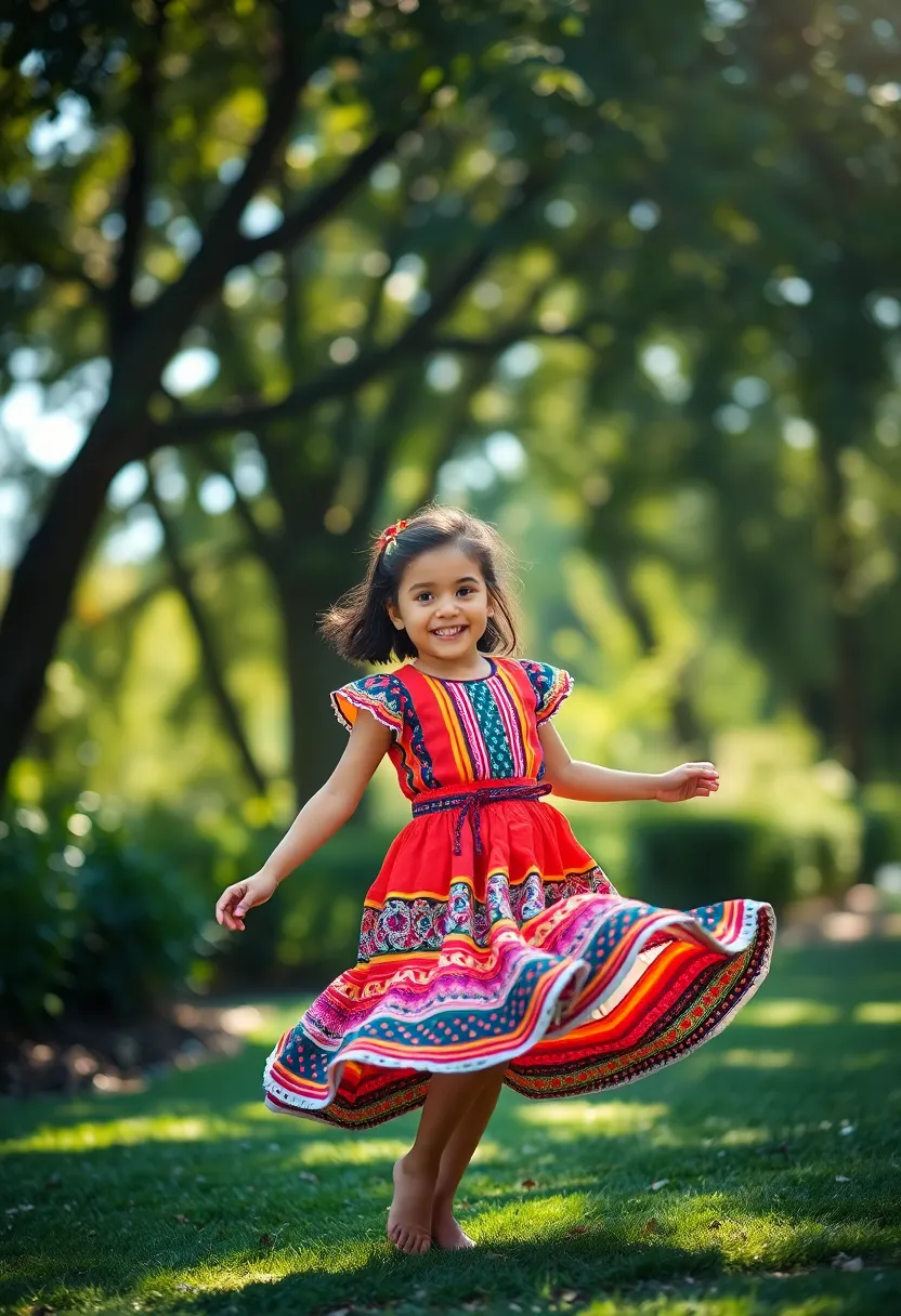 This enchanting photograph features a Hispanic girl in a vibrant traditional dress twirling gracefully in a lush garden. The dappled sunlight filtering through the tree canopy creates beautiful bokeh highlights, enhancing the colorful details of her outfit. The selective focus on her eyes captures the joy and excitement of the moment. The saturated colors and leading lines of the garden draw the viewer into this captivating scene of cultural diversity.