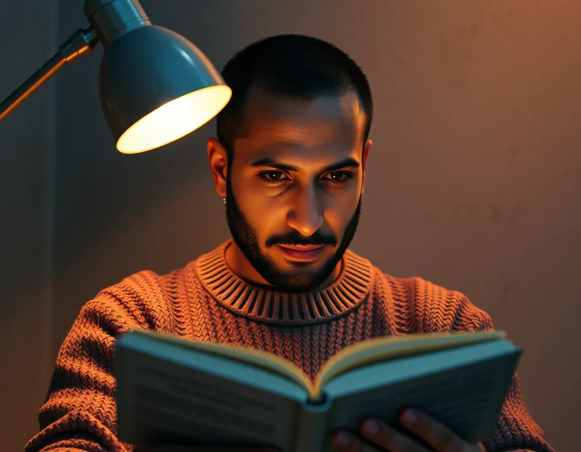 This intimate portrait features a thoughtful Middle-Eastern man absorbed in reading a book, illuminated by the warm glow of a tungsten lamp. The selective focus highlights his expressive eyes while the background softly blurs into painterly bokeh. His cozy knitted sweater and the textured concrete wall create a rich atmosphere, emphasizing the tranquil mood of the scene. The warm color palette enhances the feeling of comfort and reflection, inviting viewers into this introspective moment.