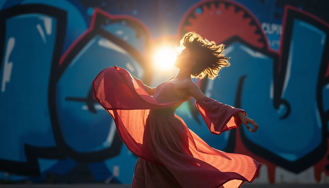 A striking silhouette of a diverse dancer captured in mid-motion against a colorful urban mural. The dancer's form is beautifully highlighted by rim lighting that accentuates the lines and contours of their body, creating a sense of movement and grace. The vibrant mural in the background features deep blues and reds, providing a bold contrast that enhances the overall composition. This image evokes a sense of energy and creativity, celebrating cultural expression through dance.