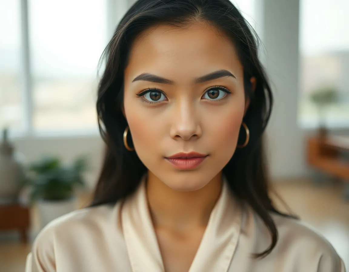 This elegant portrait showcases a Middle-Eastern woman dressed in a beautiful silk gown, standing gracefully in a softly lit room. The natural diffused daylight highlights her features and enhances her warm skin tones. Every detail, from the shimmer of her dress to the bokeh background, conveys sophistication and beauty, making it a stunning visual representation of diversity and elegance.