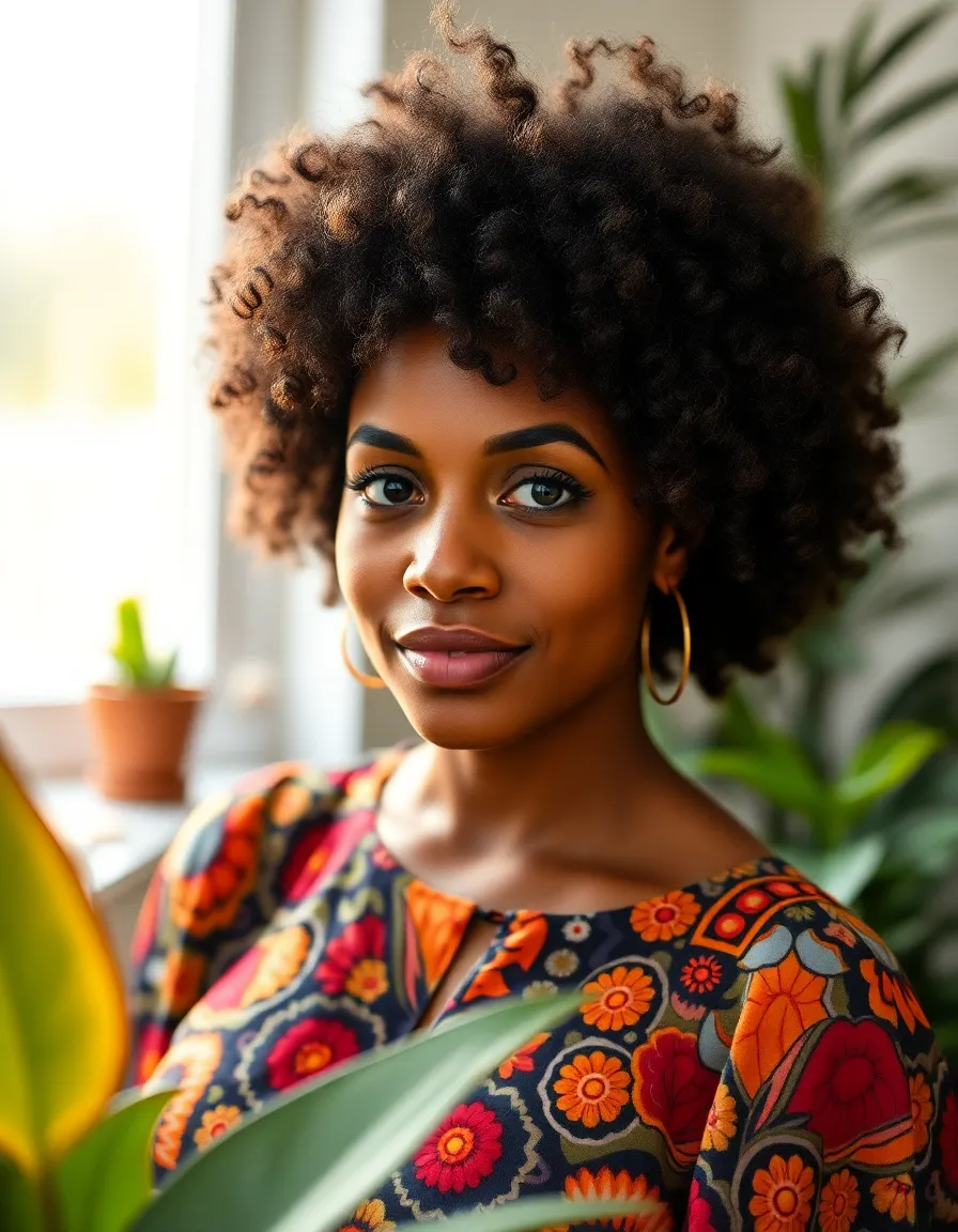 This vivid portrait captures a young Black woman in a colorful patterned dress, showcasing her natural curls. Soft daylight filters through a window, highlighting her radiant smile and the intricate details of her outfit. The surrounding houseplants add depth and texture to the image, creating a warm and inviting atmosphere. The composition prioritizes balance and color contrast, making this image evocative and engaging.