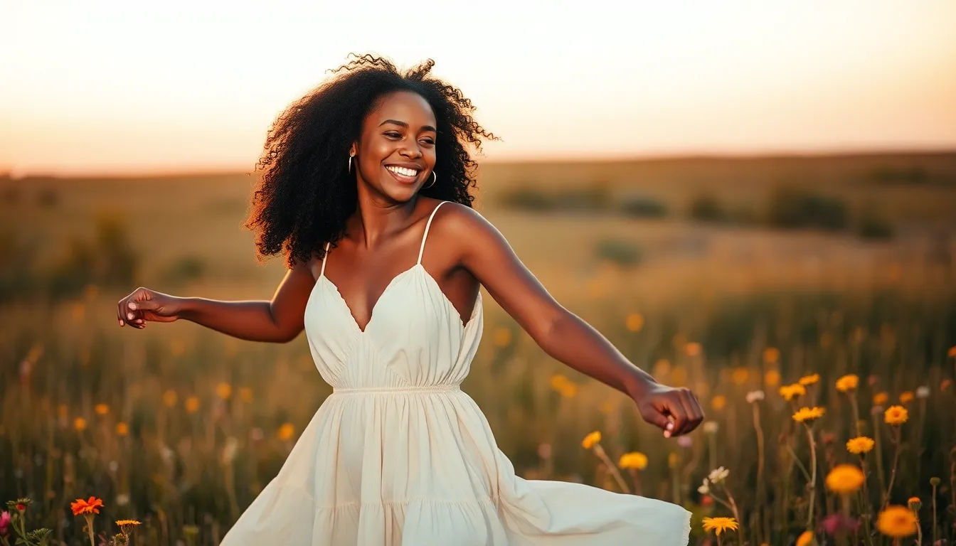 A young Black woman is captured mid-twirl in a sunny wildflower field, radiating joy and freedom. She wears a flowing white bohemian dress that contrasts beautifully with the vibrant colors of the flowers surrounding her. The warm golden hour light highlights her natural curls and adds a soft glow to her skin. The composition allows the viewer to feel the energy and movement of the moment, with the wildflowers framing her as she dances with nature.