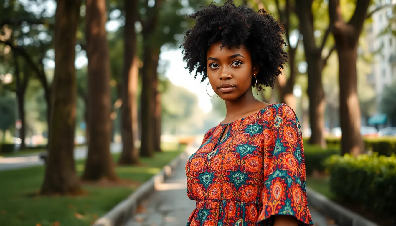 This vibrant image showcases a young African-American woman with natural curls, exuding confidence in a patterned dress. Set in an urban park illuminated by soft diffused light, her expressive eyes draw the viewer in, while the bustling backdrop fades into soft bokeh. The warm earth tones and lush greens create a welcoming atmosphere, highlighting her connection to nature and community.