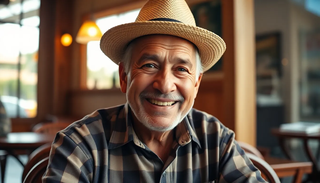 This heartwarming image features an elderly Hispanic man with laughter lines, radiating warmth and wisdom in a sunlit café. Clad in a plaid shirt and straw hat, he embodies the essence of life and experience. The soft light enhances the texture of his skin and clothing, creating a serene atmosphere that encourages reflection and connection. The composition invites the viewer to appreciate the beauty of aging and the stories etched in his face.