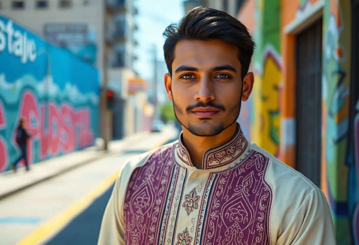 A South Asian man, dressed in beautifully embroidered traditional attire, stands confidently in front of a vibrant street art backdrop. The butterfly lighting accentuates his features, while the warm tones of the Kodak Portra 400 color palette enhance his skin's natural glow. The composition utilizes leading lines from the urban setting, drawing the viewer's eye towards him, creating a powerful visual narrative of cultural pride and modernity.