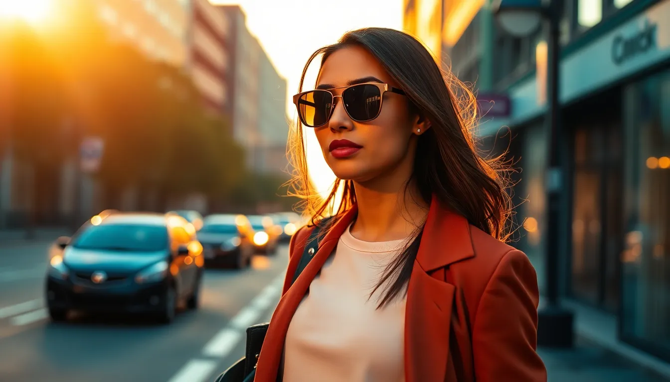 A young Middle-Eastern woman strides confidently down a bustling city street during golden hour, with warm sunlight illuminating her modern chic attire. The cinematic teal and orange color grading enhances the dynamic contrasts in the scene, while her stylish sunglasses add to her aura of empowerment. The shallow depth of field creates a dreamy background that draws focus to her confident expression and movement, embodying a modern woman on the go, blending fashion with tenacity.