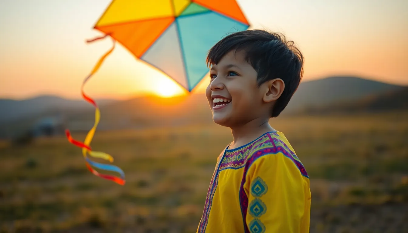 This delightful image features a joyful Middle-Eastern child in traditional attire playing with a vibrant kite in an open field. Captured during golden hour, the warm light creates an enchanting atmosphere, enhancing the child's laughter and excitement. With a soft background and a lively color palette, this scene embodies the innocence and joy of childhood, inviting viewers to celebrate the wonder of simple pleasures.