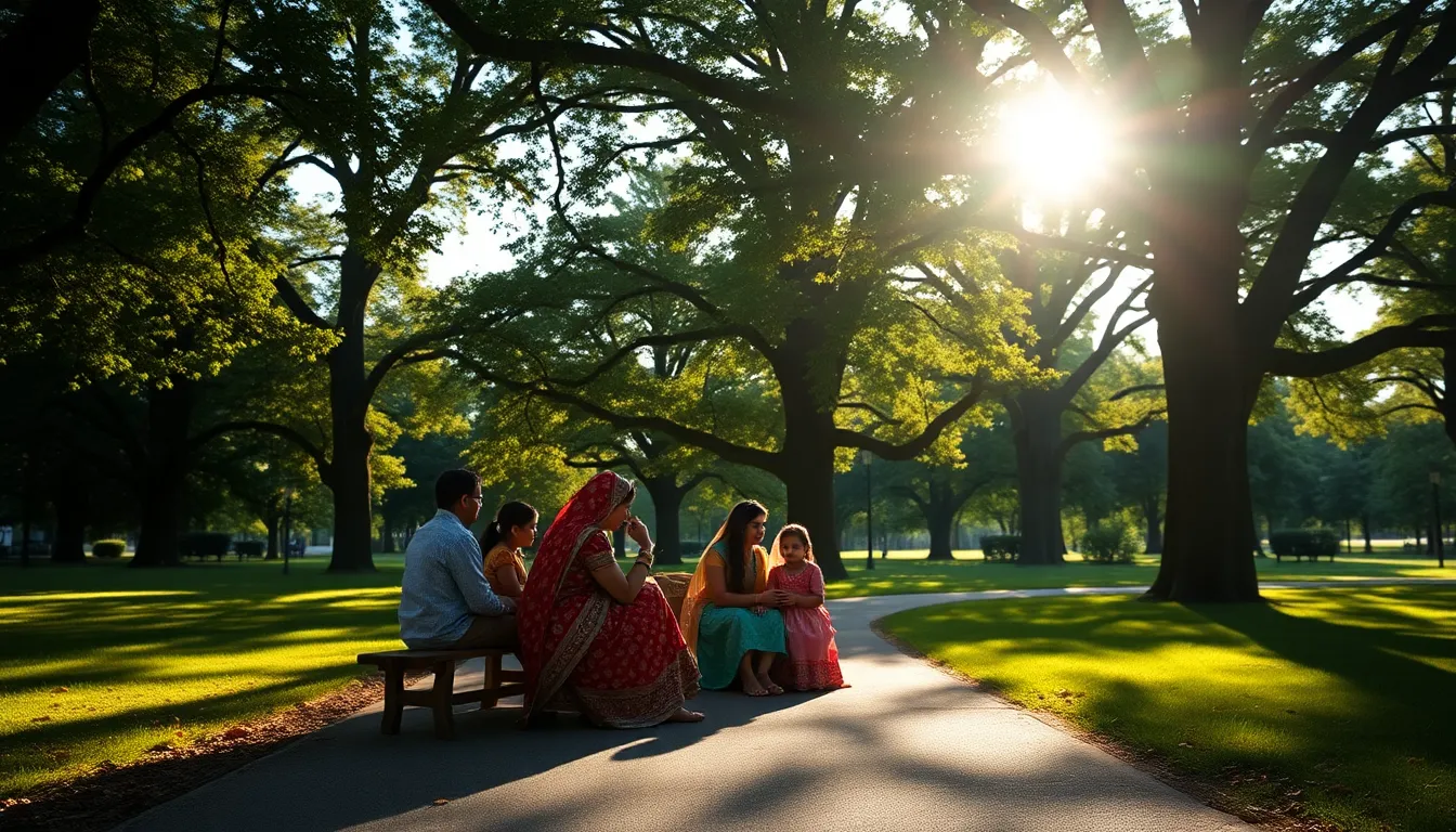 In this vibrant scene, a South Asian family enjoys a colorful picnic in a lush park as dappled sunlight filters through the tree canopy, creating a magical ambiance with soft highlights. The use of natural muted tones enhances the earthy colors of the surrounding environment, while the family’s traditional clothing adds cultural richness to the image. Leading lines formed by the winding pathway invite viewers into the scene, making it perfect for conveying a sense of community and joy.