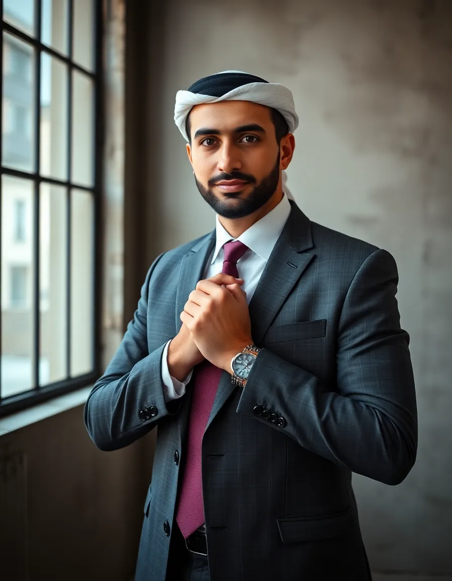In this image, a confident Middle-Eastern businessman is captured adjusting his tie against a backdrop of large studio windows. The natural daylight creates a soft ambiance, while the textured concrete wall adds an industrial touch. His sharp suit contrasts beautifully with the muted earth tones of the environment, enhancing his commanding presence. The symmetrical composition emphasizes his poise, making it a perfect representation of professional diversity.
