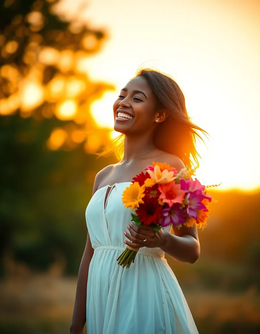 A vibrant portrait of a young Black woman embracing the joy of nature during golden hour. Dressed in a flowing white dress, she laughs wholeheartedly, holding a bright bouquet of native flowers that adds splashes of color to the scene. The soft, warm light backlights her figure, creating a halo effect around her as the cinematic teal and orange tones evoke a magical atmosphere. This image radiates positivity, freedom, and the beauty of diverse expressions of happiness.